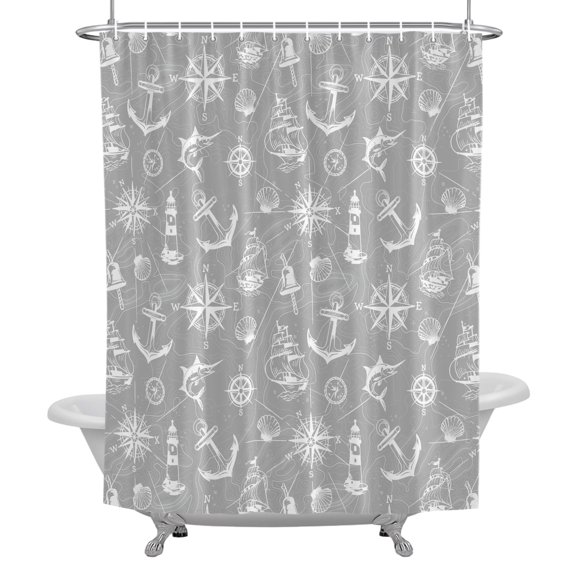 Nautical Grey Shower Curtain, Retro Sailing Boat Map Anchor Rudder Waterproof Fabric Bathroom Shower Curtains Set with Hooks, 72 X 72 Inch Long