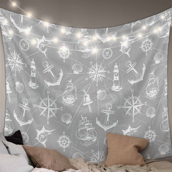 Nautical Grey Small Tapestry for Bedroom Wall Hanging Tapestry, Retro Sailing Boat Map Anchor Rudder Ceiling Backdrop Tapestries Poster Blanket Wall Decor for Teens Room Living Room Dorm 23" x 28"