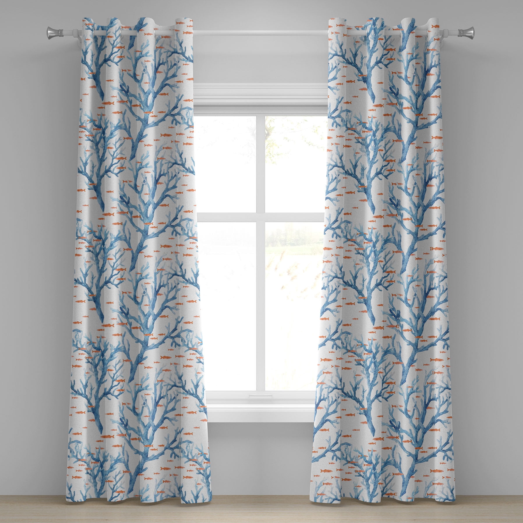 Nautical Grommet Curtain, Simplistic Style Minimalist Fishes Corals