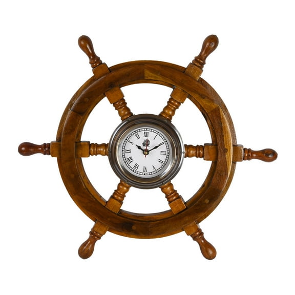 Nautical Hand Crafted Brass Time's Clock Wooden Ship Wheel | Pirate's Wall Decor | Home Decorative Gifts