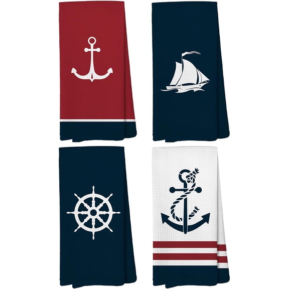 Nautical Hand Kitchen Towels, Boat Accessories,Nautical Bathroom Decor, Navy Blue Coastal Sailboat Dishtowels, Anchor Dish Towels Decoration 16 x 24 Inch Set of 4