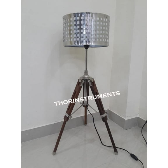 Nautical Hand Made Brown Wood Tripod Table Lamp With Matel Shade