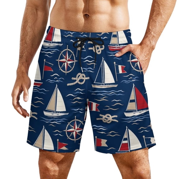 Nautical Harbor StripeMen’s Beach Shorts Quick Dry Swim Trunks, Lightweight Board Shorts with Elastic Waist for Swimming, Pool, Vacation and Summer Beachwear