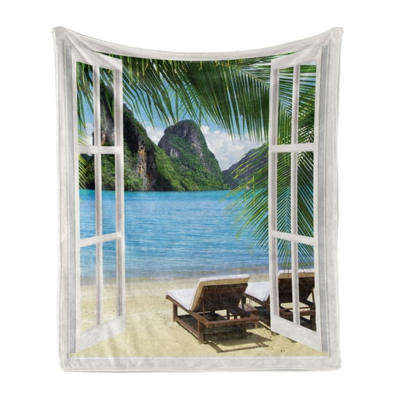 Nautical Home Soft Flannel Fleece Blanket, Ocean Beach Seascape Sunbeds Balcony Summer Picture Tropical Island, Cozy Plush for Indoor and Outdoor Use, 50" x 70", White Green and Blue, by Ambesonne