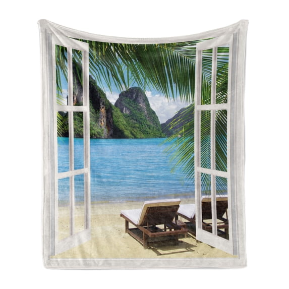 Nautical Home Soft Flannel Fleece Blanket, Ocean Beach Seascape Sunbeds Balcony Summer Picture Tropical Island, Cozy Plush for Indoor and Outdoor Use, 70" x 90", White Green and Blue, by Ambesonne
