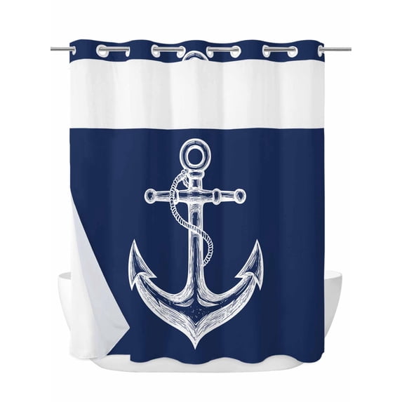 Nautical No Hook Shower Curtain and Liner Set Anchor Rope Coastal Navy Blue Minimalist Shower Curtains with Snap-in Liner & See Through Top Window Hotel Style for Bathroom Decor 66x72 Inch