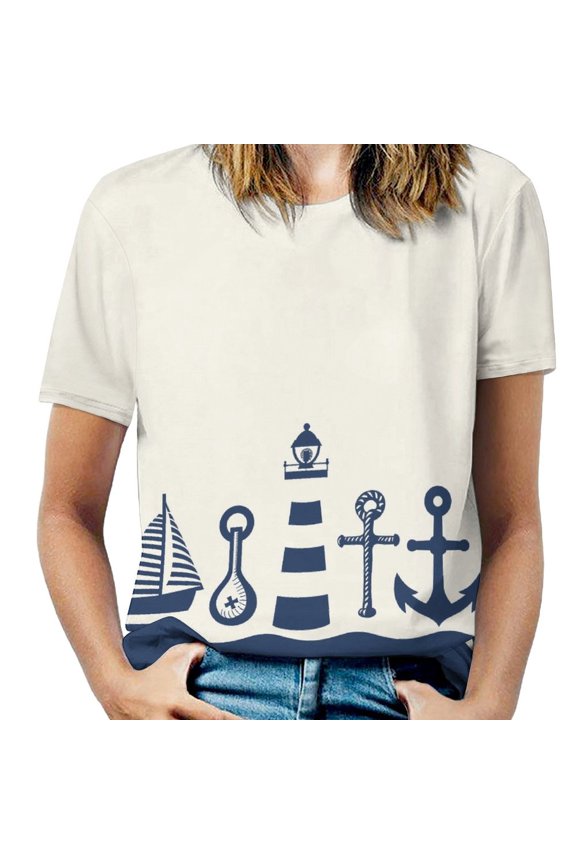 Nautical Icons Border Women's T-Shirt Short Sleeve T Shirts Tops Tee Ladies Loose T