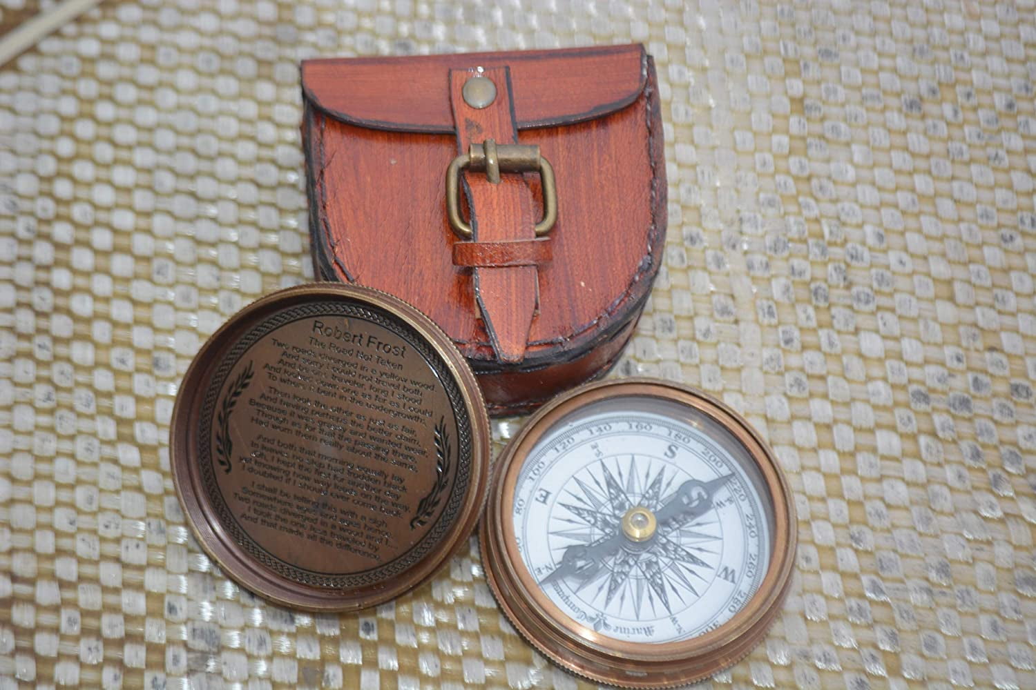 Nautical India 2.5" Robert Frost Poem Antiqued Brass Poem Compass with Leather Case