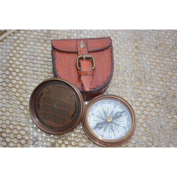 Nautical India 2.5" Robert Frost Poem Antiqued Brass Poem Compass with Leather Case
