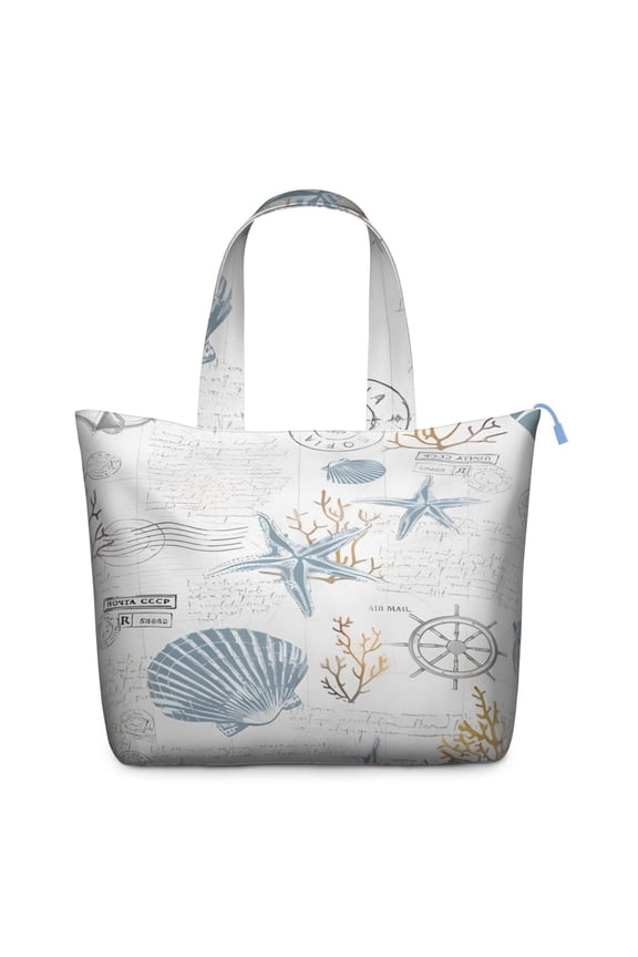 Nautical-Inspired Lightweight Travel Tote - Durable Beach Bag with Anchor & Starfish Print, Interior Pockets for Work or Gym
