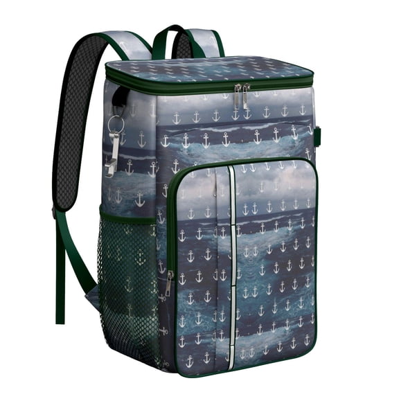 Nautical Insulated Cooler Backpack - 20L Leakproof Soft Cooler Bag for Camping, Beach & Travel, High-Capacity Fits 26 Cans, Marine-Themed Design with Anchor & Wave Prints