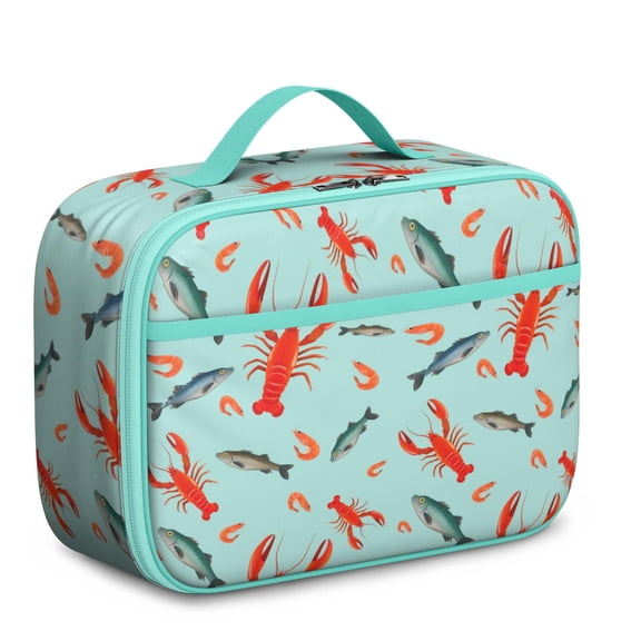 Nautical Insulated Lunch Tote - Fun Crustacean & Seafood Theme, Durable Oxford Cloth Lunch Bag with Separate Mesh Compartment, Lightweight for Work or Coastal Outings