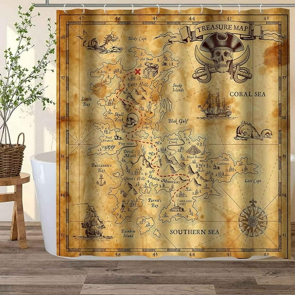 Nautical Island Map Shower Curtain Vintage Pirate Treasure Map Bath Curtain 72x72 Inch Polyester Fabric Adventure Pirate Map Bathroom Decor Sets with 12 Hooks