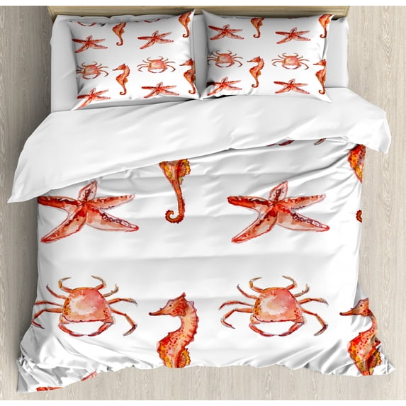 Nautical King Size Duvet Cover Set, Crab Seahorse Starfish Hand Drawn Underwater Sea Creatures Ocean Image, Decorative 3 Piece Bedding Set with 2 Pillow Shams, Salmon Dark Coral, by Ambesonne