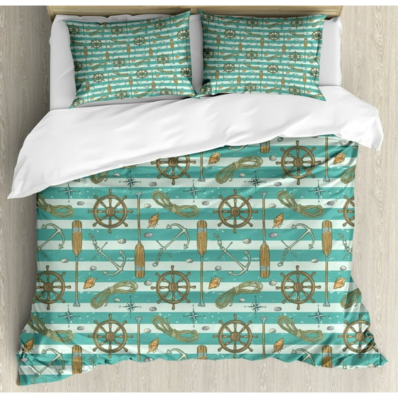Nautical King Size Duvet Cover Set, Grungy Texture Nautical Elements Pebble Anchor Compass Seashell and Steering Wheel, Decorative 3 Piece Bedding Set with 2 Pillow Shams, Multicolor, by Ambesonne