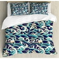 thumbnail image 1 of Nautical King Size Duvet Cover Set, Traditional Oriental Style Ocean Waves Pattern with Foam and Splashes Print, Decorative 3 Piece Bedding Set with 2 Pillow Shams, Blue and White, by Ambesonne, 1 of 3