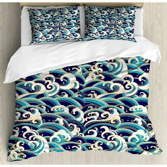 Nautical King Size Duvet Cover Set, Traditional Oriental Style Ocean Waves Pattern with Foam and Splashes Print, Decorative 3 Piece Bedding Set with 2 Pillow Shams, Blue and White, by Ambesonne