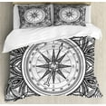 thumbnail image 1 of Nautical King Size Duvet Cover Set, Wind Rose Surrounded by Ornate Floral Arrangement Pattern Destination Graphic, Decorative 3 Piece Bedding Set with 2 Pillow Shams, Black White, by Ambesonne, 1 of 3