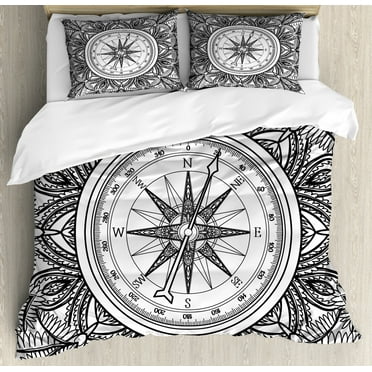 Nautical King Size Duvet Cover Set, Wind Rose Surrounded by Ornate Floral Arrangement Pattern Destination Graphic, Decorative 3 Piece Bedding Set with 2 Pillow Shams, Black White, by Ambesonne