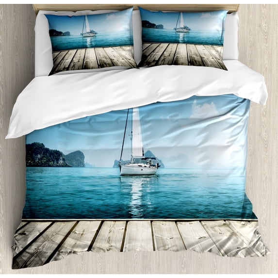 Nautical King Size Duvet Cover Set, Yacht from Wooden Deck Horizon Serenity Seascape Leisure Aquatic Coastal Theme, Decorative 3 Piece Bedding Set with 2 Pillow Shams, Blue Brown, by Ambesonne