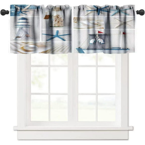 Nautical Kitchen Curtain Valance Starfish Theme Lighthouse Boat Fish Summer Beach Curtain Valance Bedroom Home Decor 54"x18"