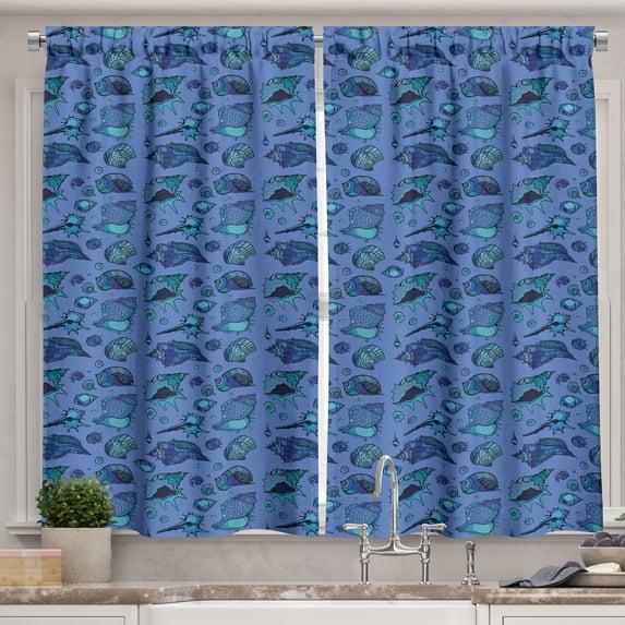Nautical Kitchen Curtains, Assorted Seashells Swirling Ocean Items, Two Panels Drapes with Rod Pocket Room Decor, 55" X 45", Aqua Dark Lavender, by Ambesonne