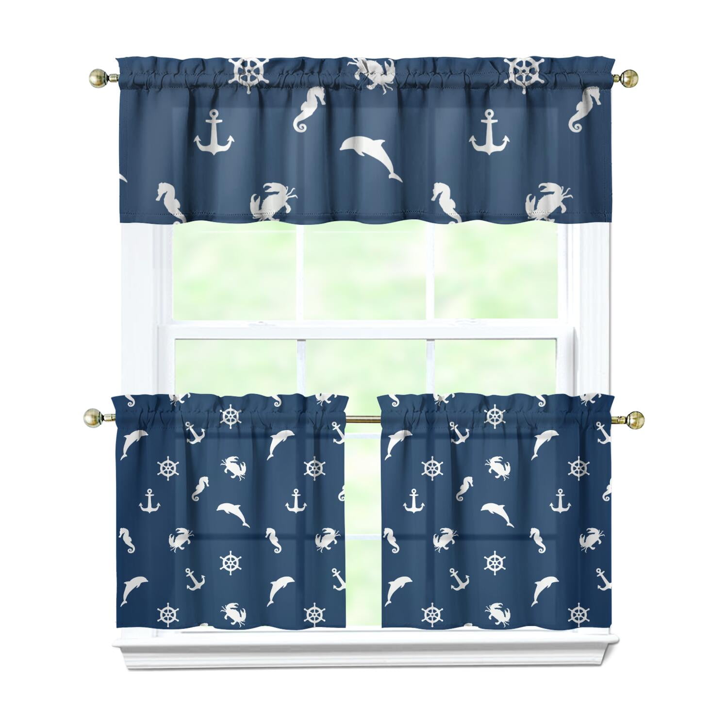 Nautical Kitchen Curtains Set Anchor Lighthouse Boat Ocean Waves ...