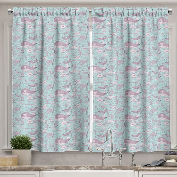 Nautical Kitchen Curtains, Underwater Life Mermaid and Sea Animals, Two Panels Drapes with Rod Pocket Room Decor, 55" X 45", Pale Blue Grey Pink, by Ambesonne
