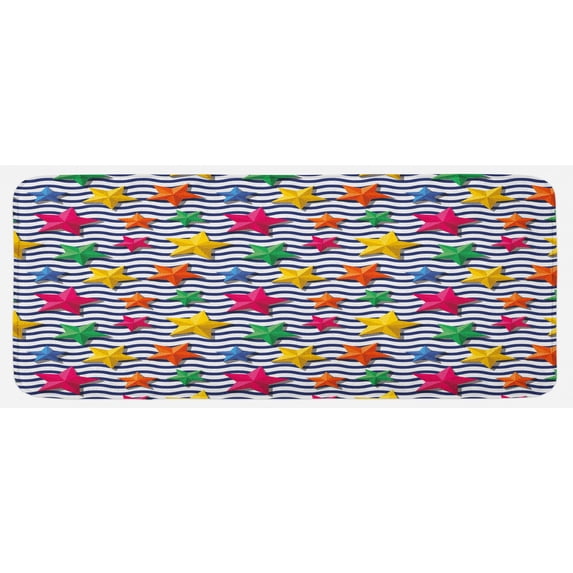 Nautical Kitchen Mat, 3D Colorful Stars and Blue Wavy Stripes Marine Theme Starfish Graphic Art, Plush Decorative Kitchen Mat with Non Slip Backing, 47" X 19", Multicolor, by Ambesonne