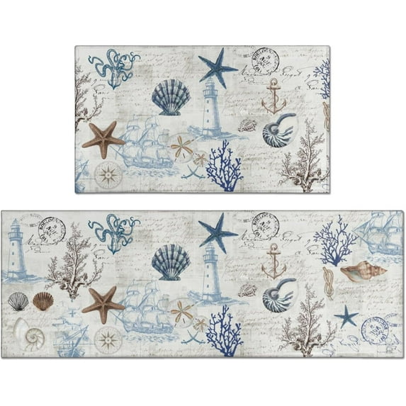 Nautical Kitchen Rug Set of 2,Ocean Themed Kitchen Decor Vintage Beach Kitchen Mat Non-Slip Washable, Farmhouse Ocean Kitchen Decor Anti Fatigue Floor Mat for Kitchen Laundry Room,17x30+17x47 Inch