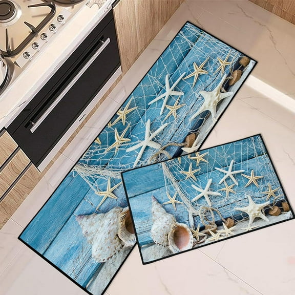 Nautical Kitchen Rugs and Mats Non Skid Washable Set of 2, Rustic Blue Wood Sand Fishnet Kitchen Mats for Floor, Starfish Seashell Kitchen Runner Rug, Summer Beach Kitchen Decor