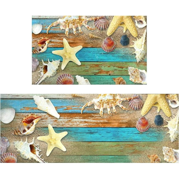 Nautical Kitchen Rugs Set, Beach Starfish Kitchen Mats Cushioned Anti Fatigue 2 Piece Set, Memory Foam Kitchen Mat Set of 2 and Kitchen Rug Runner Non Slip for Home Kitchen Decor 17"x30"+17"x47"