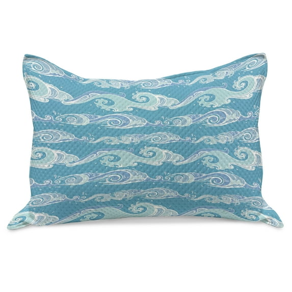 Nautical Knitted Quilt Pillowcover, Horizontally Arranged Sea Waves Splashes, Standard King Size Pillow Cover for Bedroom, 36" x 20", Sea Blue Pale Teal, by Ambesonne