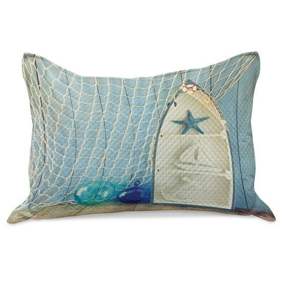 Nautical Knitted Quilt Pillowcover, Sea Objects on Wooden Backdrop Vintage Boat Starfish Shell Fishing Net Photo, Standard King Size Pillow Cover for Bedroom, 30" x 20", Blue White, by Ambesonne
