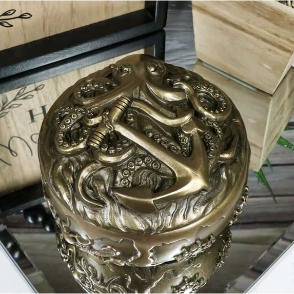 Nautical Kraken Octopus With Ship Anchor Decorative Jewelry Box Figurine 4"Diam