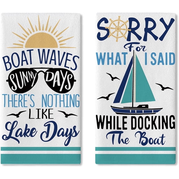 Nautical Lake House Kitchen Dish Towels Set of 2, Boat Waves Sunny Days Sailboat Sunglasses Seagull Drying Hand Towel Baking Cooking Cloth, Funny Quotes Bathroom Home Decoration 18'' x 26''