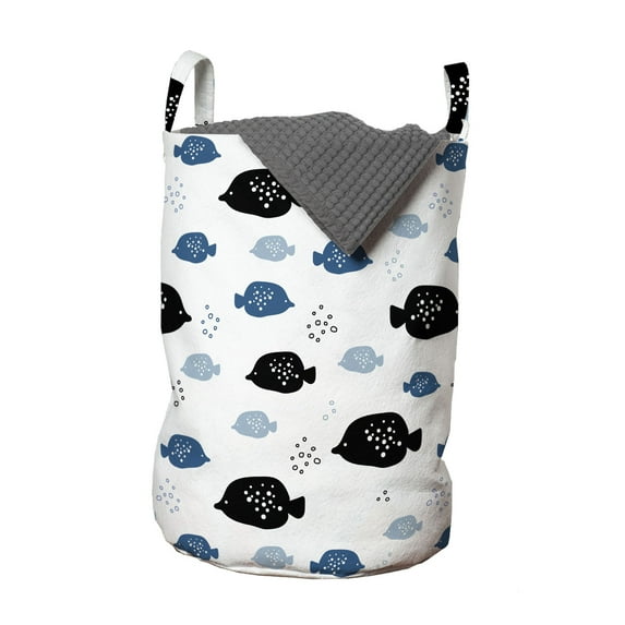 Nautical Laundry Bag, Fishes Swimming Underwater Ocean Childish Aquarium Theme Repetition, Hamper Basket with Handles Drawstring Closure for Laundromats, 13" x 19", White and Night Blue, by Ambesonne