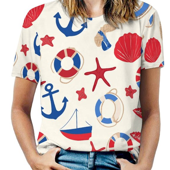 Nautical Life Print-2 Womens Tops Women's Fashion Casual Short Sleeve Flower Print Round Neck Pullover Top Blouse