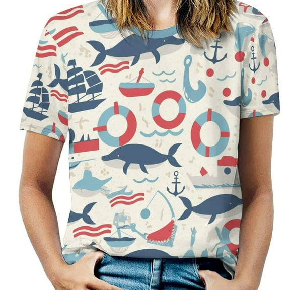 Nautical Life Print Women's T-Shirt Short Sleeve T Shirts Tops Tee Ladies Loose T