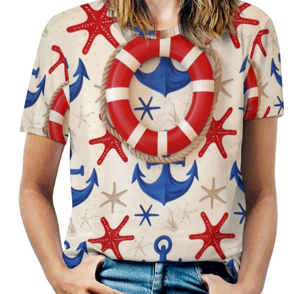 Nautical Lifebuoy Print Women's Short Sleeve Tops Casual Blouses T Shirt
