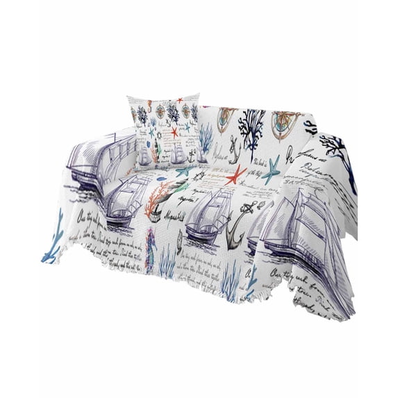 Nautical Light House Sofa Couch Covers for Dog,Washable Sectional Couch Slipcovers for Loveseat with Tassels,Coastal Ocean Beach Seahorse Seashell Non Slip Sofa Throw Cover Blanket Large 71x102