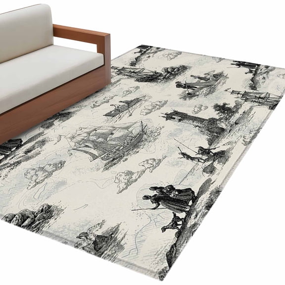 Nautical Lighthouse Area Rug 4x6 Washable Rug Non Slip Farmhouse Retro Ocean Ship Map Large Area Rug Indoor Floor Carpet for Entryway Bedroom Kitchen Living Room Home Office Dining Room Nursery