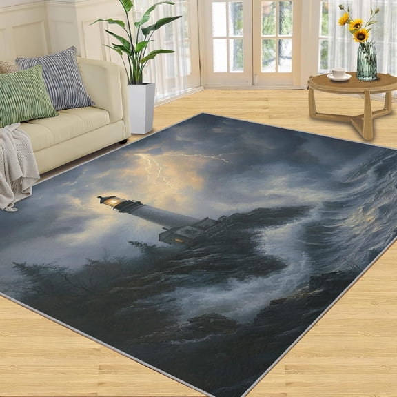 Nautical Lighthouse Area Rug, Retro Coastal Pattern Carpet, Washable Non-Slip Soft Low Pile Floor Mat for Living Room Bedroom 2x3ft(Small)