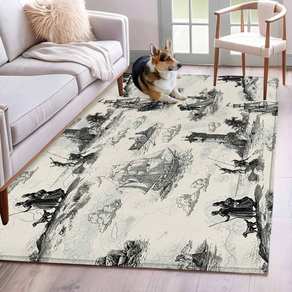 Nautical Lighthouse Area Rugs 4'x6', Washable Small Throw Rugs for Office Bathroom, Farmhouse Retro Ocean Ship Map Indoor Outdoor Rug Non-Slip Low Pile Carpet Runner Reversible Floor Mats