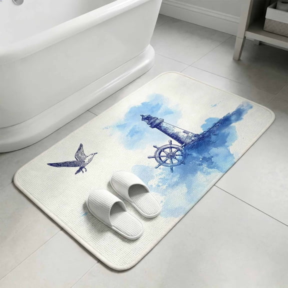 Nautical Lighthouse Bathroom Rugs Non Slip Washable Bath Mat Absorbent Front Door Mat Blue Summer Coastal Rudder Seagull Indoor Doormat for Kitchen Entryway Shower Decor Accessories 15.7"x23.6"