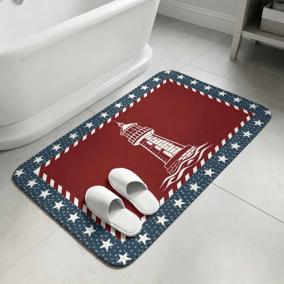 Nautical Lighthouse Bathroom Rugs Non Slip Washable Bath Mat Absorbent Front Door Mat Red Navy Blue Coastal Stars Ocean Indoor Doormat for Kitchen Entryway Shower Decor Accessories 15.7"x23.6"