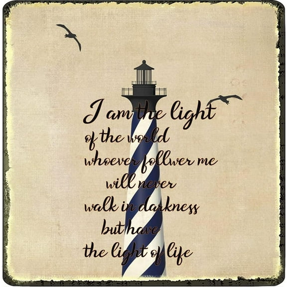 Nautical Lighthouse Bible Verses Fun Tin Sign Beach Themed Bathroom Decorations Christian Scripture Wall Art with Inspirational Quotes Coastal Decor 12x12 Inches Square Sign