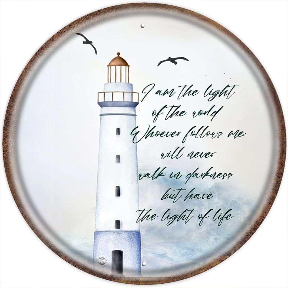 Nautical Lighthouse Bible Verses Round Tin Sign Beach Themed Bathroom ...