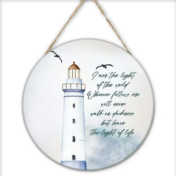 Nautical Lighthouse Bible Verses Round Wood Hanging Sign Beach Themed Bathroom Decorations Christian Scripture Wall Art with Inspirational Quotes Coastal Decor Nursery Hanging Ornaments
