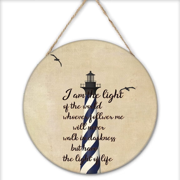 Nautical Lighthouse Bible Verses Round Wood Hanging Sign Beach Themed Bathroom Decorations Christian Scripture Wall Art with Inspirational Quotes Coastal Decor Nautical Hanging Ornaments